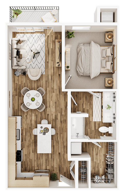 Floor plan for 1 bed, 1 bath, 729 sqft